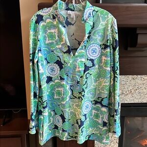 Jude Connally Blue Green Graphic Notched Collar Blouse